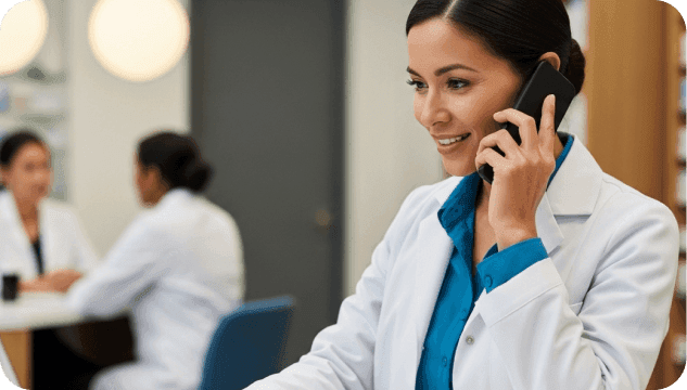 Apothekerin telefoniert an einem Beratungsplatz