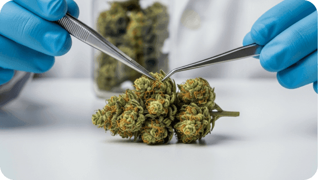 Laboraufnahme mit Cannabisblüten und Handschuhen